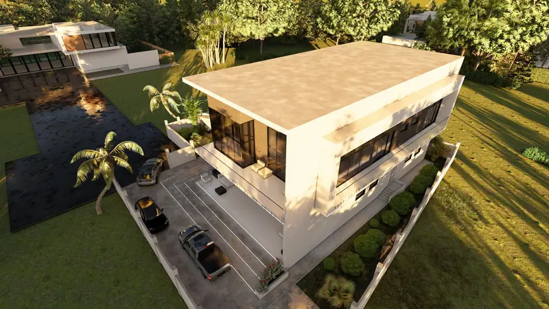 Aerial view of a Demerara Estates residence designed by the studio